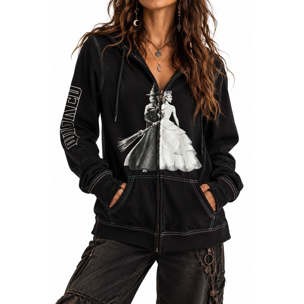 Hot Topic Wicked Elphaba Glinda Hoodie Black Zip Up sz M Silk Trim Halloween
